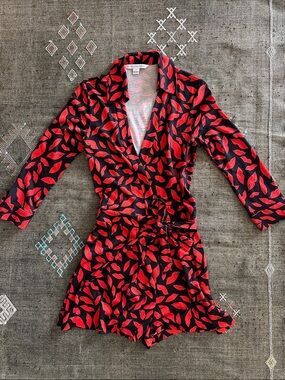Diane Von Furstenberg Silk Black and Red Lip-Print Wrap Romper DVF